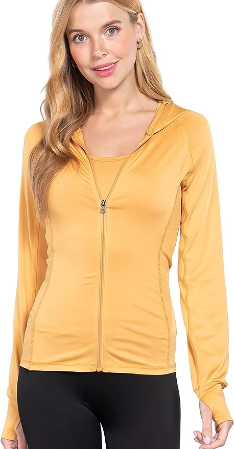 Khanomak Women's Zip Up Long Sleeves Jogger Hoodie Workout Track Jacket Sweater Mustard Silk