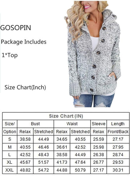 GOSOPIN Womens Winter Warm Cable Knitted Outwear Button-up Hooded Cardigans Fleece Sweater Jacket Coat