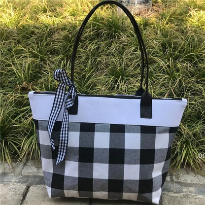 Black & White Buffalo Check Handbag with Bow Cute Blanks Christmas Plaid Tote Cotton Travel Tote Storage Maternity Bag