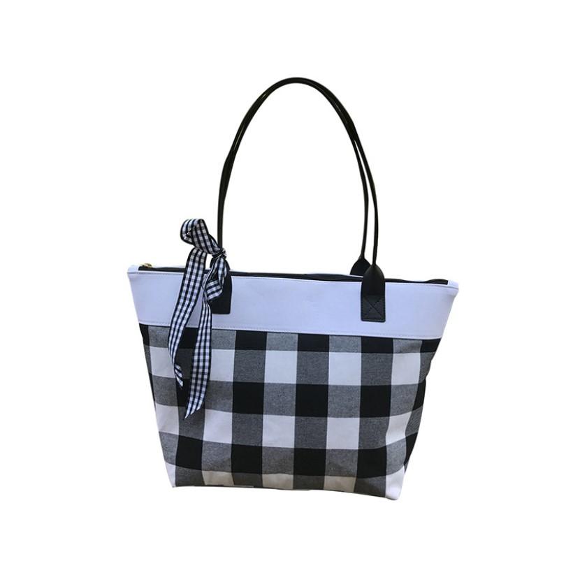 Black & White Buffalo Check Handbag with Bow Cute Blanks Christmas Plaid Tote Cotton Travel Tote Storage Maternity Bag