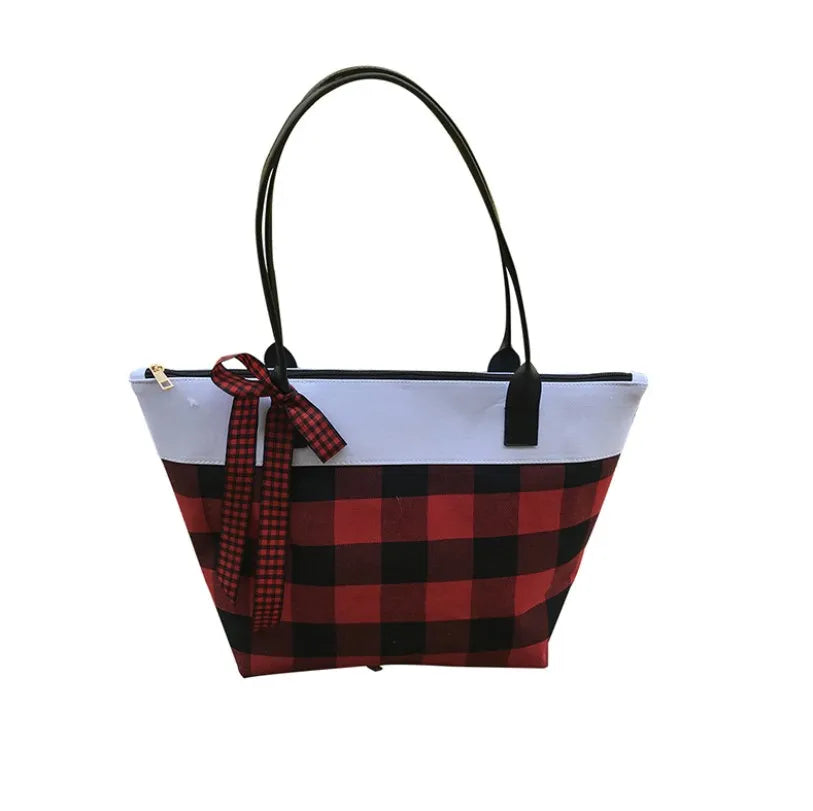 Black Red Buffalo Check Handbag with Bow Cute Blanks Christmas Plaid Tote Cotton Travel Tote storage Maternity Bag