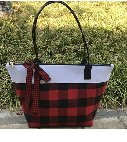 Black Red Buffalo Check Handbag with Bow Cute Blanks Christmas Plaid Tote Cotton Travel Tote storage Maternity Bag